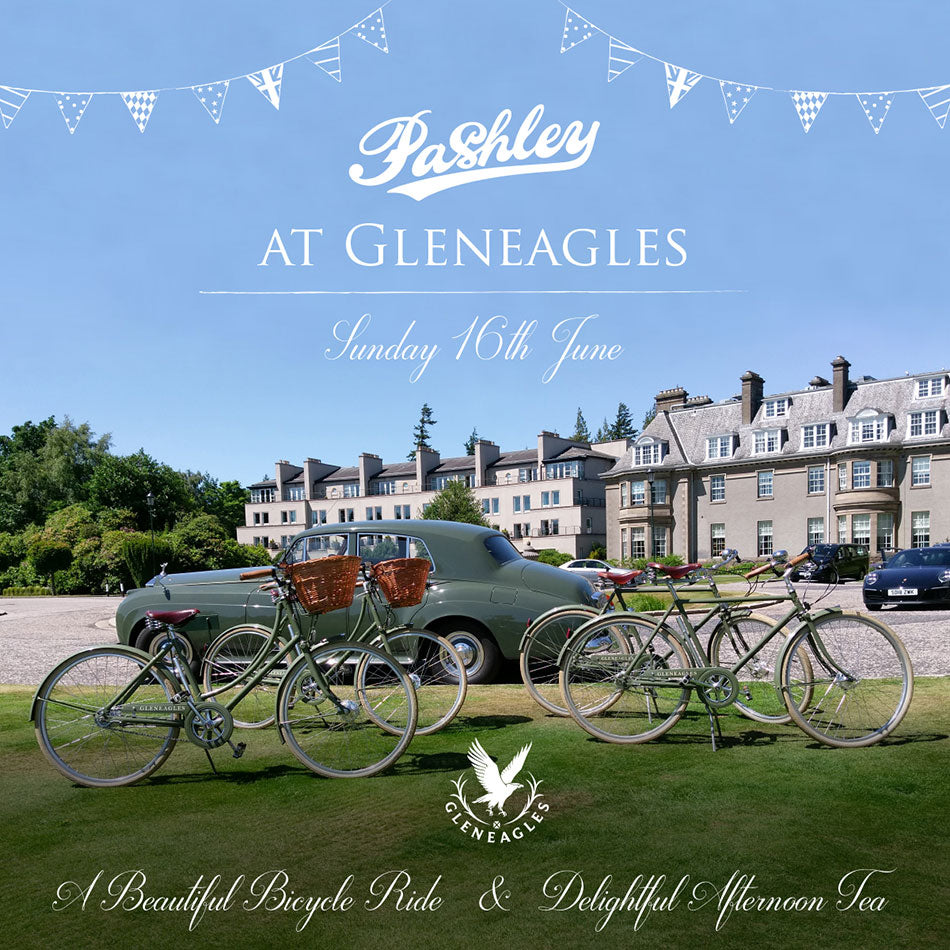 A Pashley at Gleneagles poster with image of green Pashley bicycles outside the hotel alongside a green vintage Rolls Royce car.