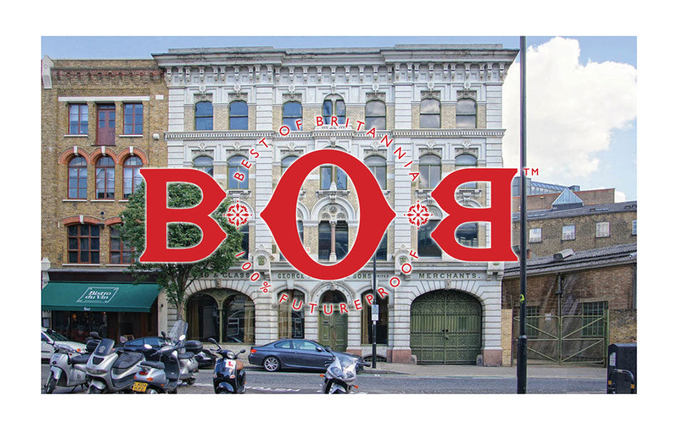 Best of Britannia exhibition Farmiloe building 2012 with BOB brand logo in red.