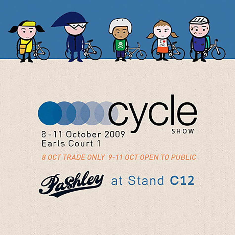 Cycle show 2009 exbo advert with illustrated colourful comic characters next to their bicycles.