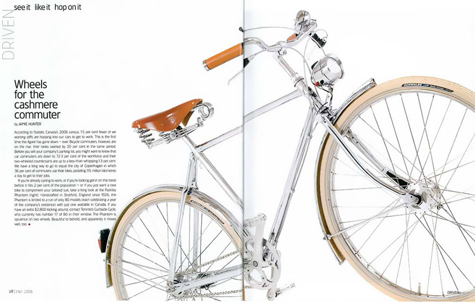 Image of a Driven magazine article showing a silver chrome traditional Pashley Phantom bicycle with leather saddle