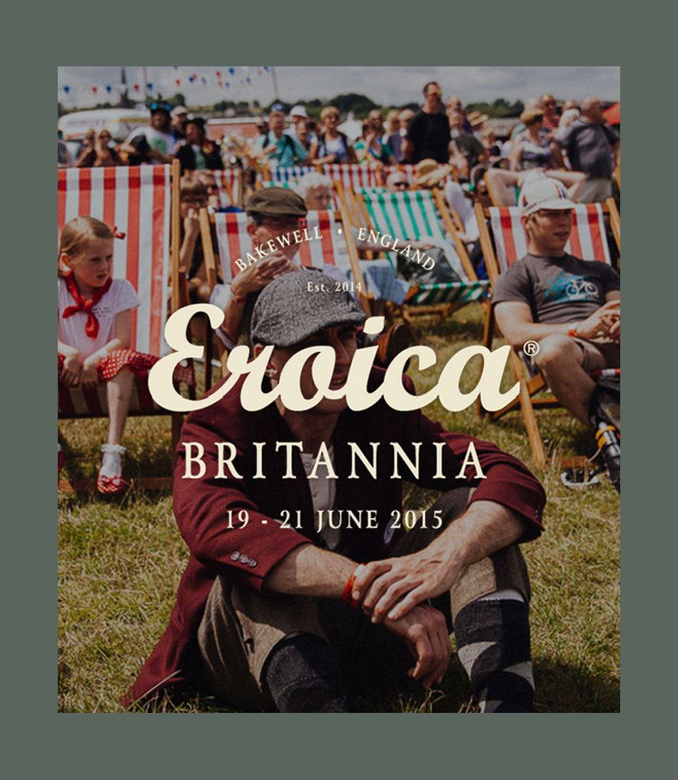 Eroica Britannia 2015 advert for Bakewell featuring lots of people of stripy deckchairs.