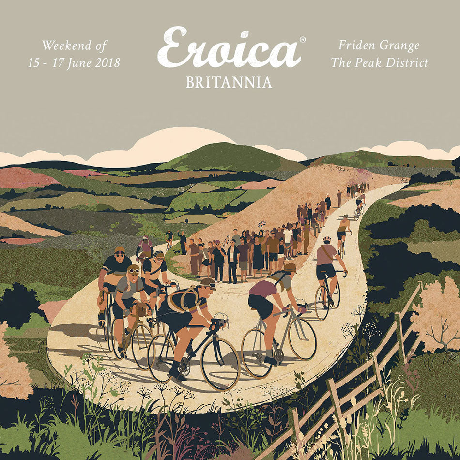 Eroica Britannia 2018 vintage illustration of cyclists in the countryside surrounded by meadows.