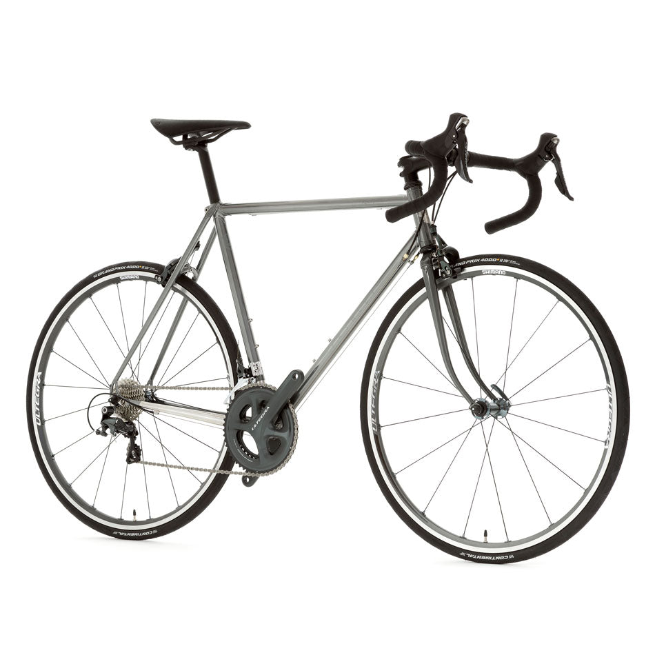 Pashley 90th Anniversary Roadfinder painted with a smoke grey flam over silver base coat, black brooks cambium saddle and bar tape.