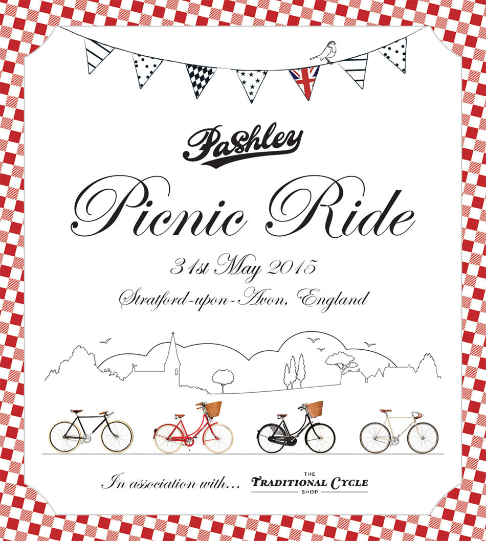 Poster for the Pashley Picnic Ride 2015. Features a red checked border, bunting illustration and bicycles.