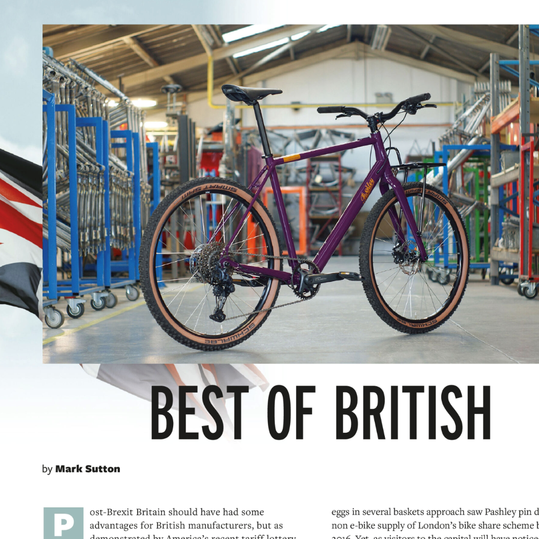 Excerpt from an article with the headline 'Best of British' and a purple ebike on show within the Pashley bicycle factory