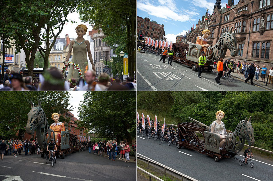 Set of images featuring the Godiva giant mechanic puppet transported by Pashley tricycle riders pulling her along in unison.