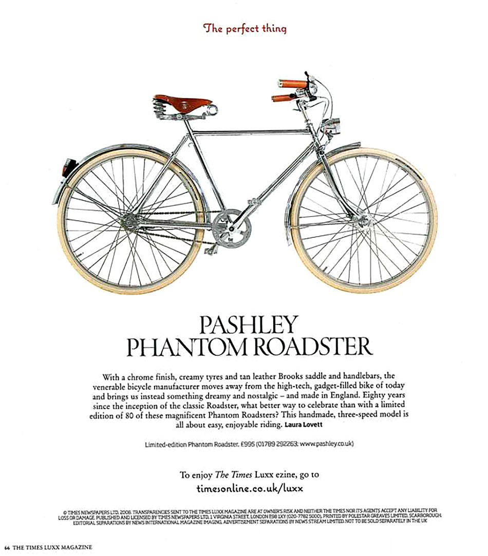Image of Luxx Magazine article featuring silver chrome Pashley Phantom classic bicycle with retro headlamp and leather saddle