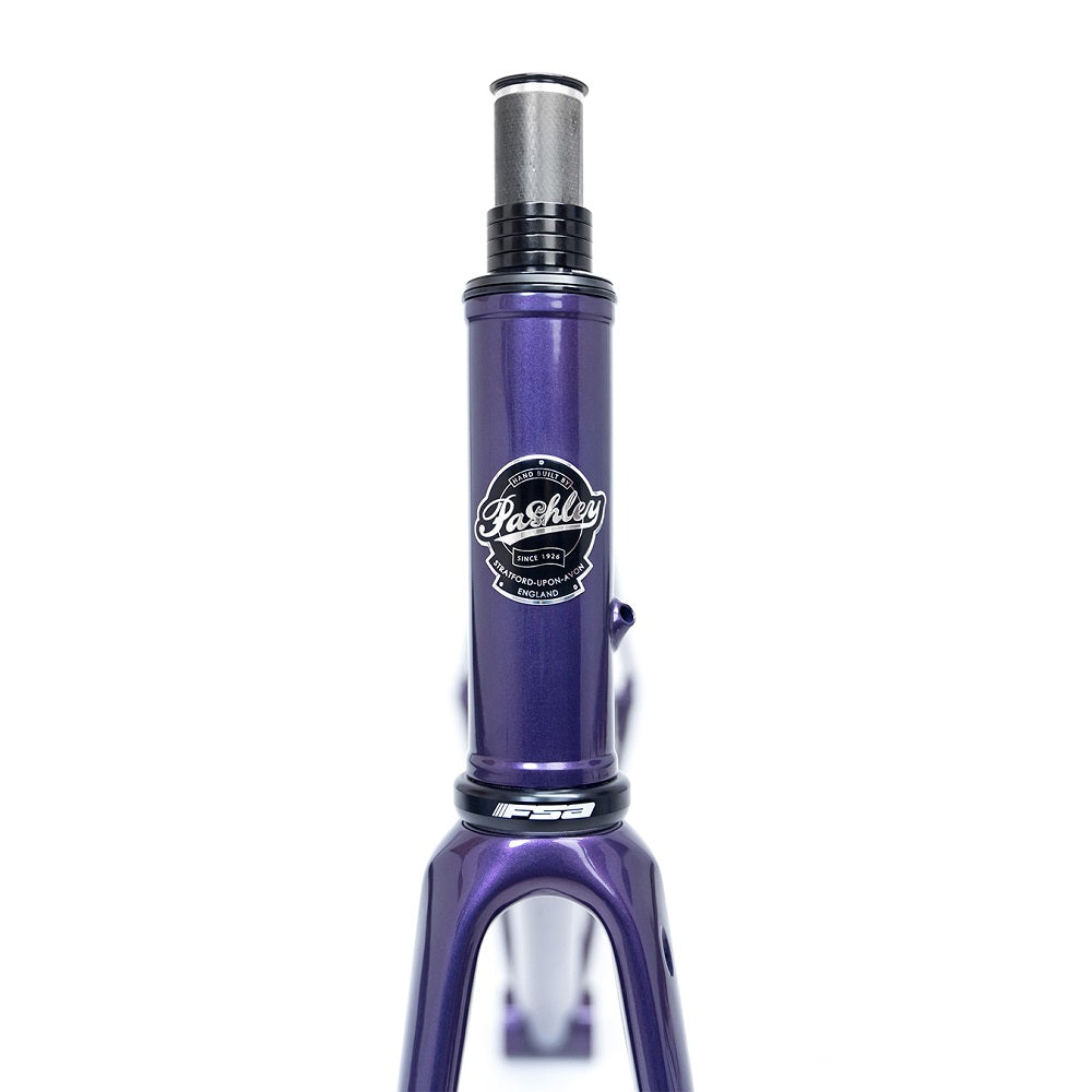 Close-up of the Pashley headbadge on the front of a violet Roadfinder SL frameset