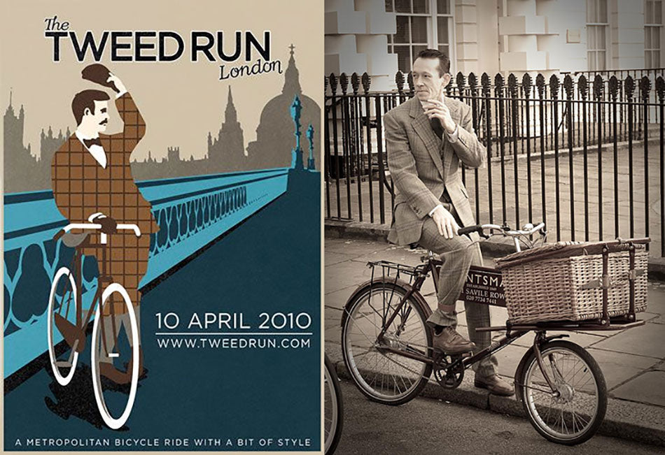 The Tweed Run 2010 poster with drawing of vintage gent and his bike plus photo of saville row gent and his Pashley Delibike.