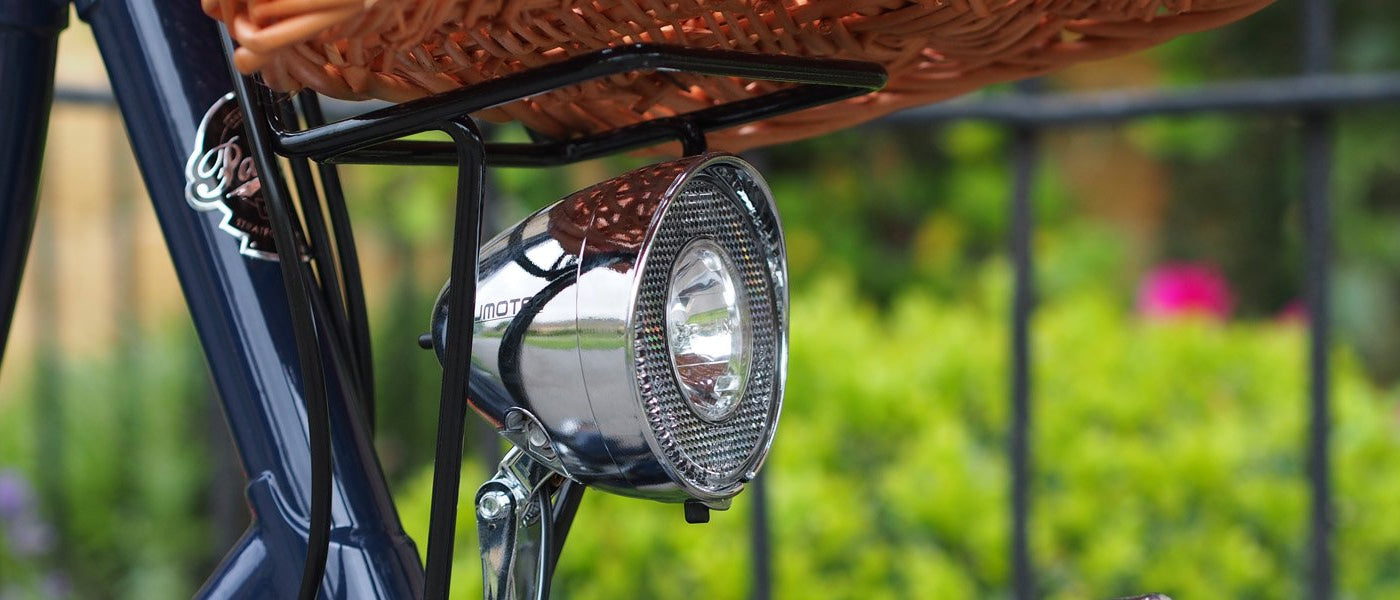 Pashley Dynamo Lamp on the front of the Pashley Britannia bicycle in Oxford Blue