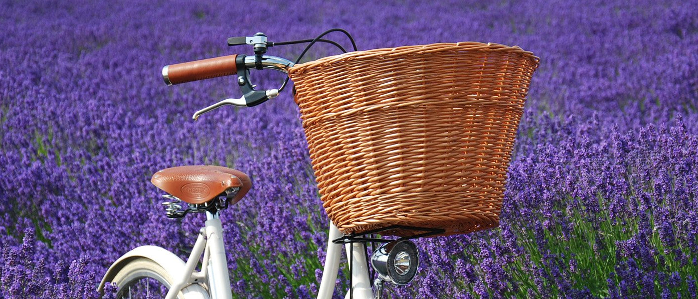 Pashley Wicker Basket on the Britannia bicycle in a field of lavender