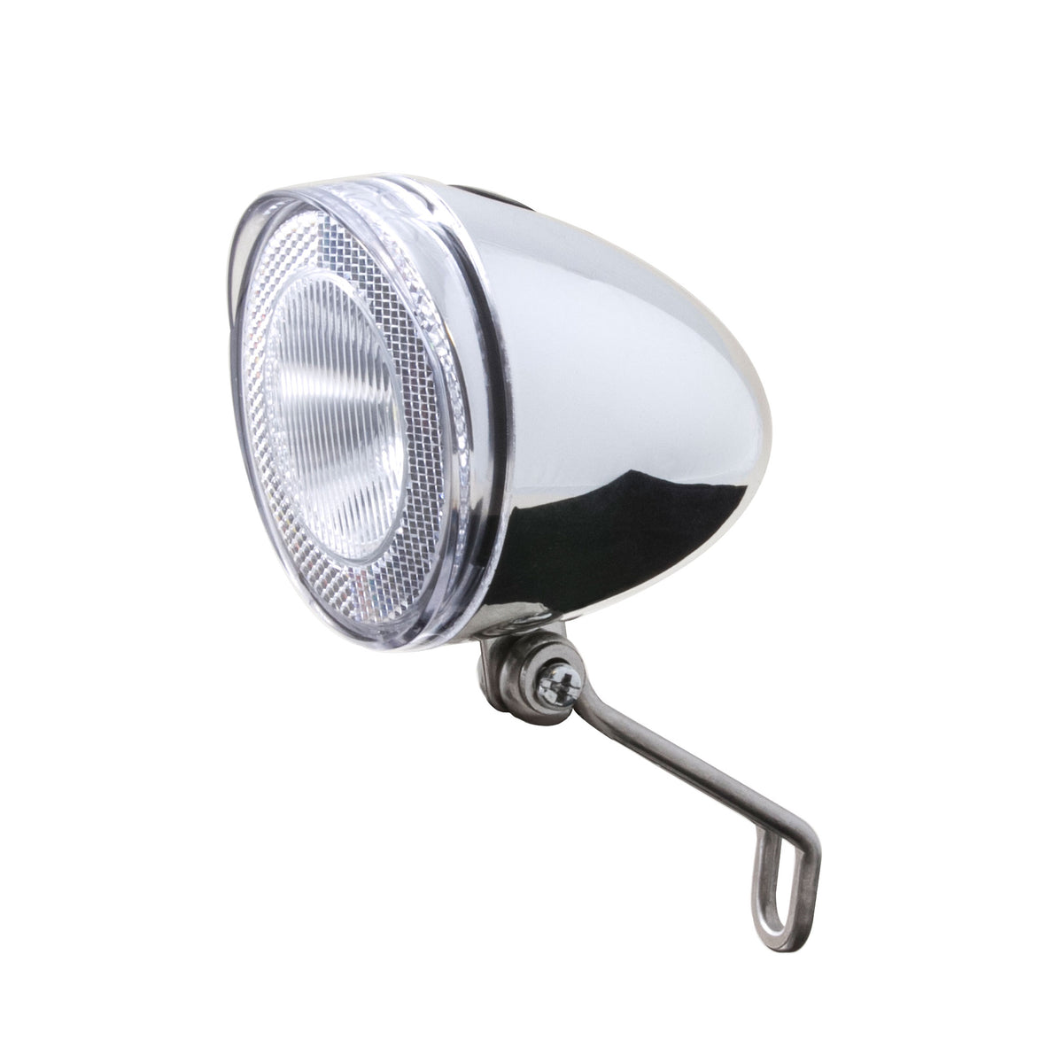 Silver streamlined bullet bicycle head lamp with reflector.