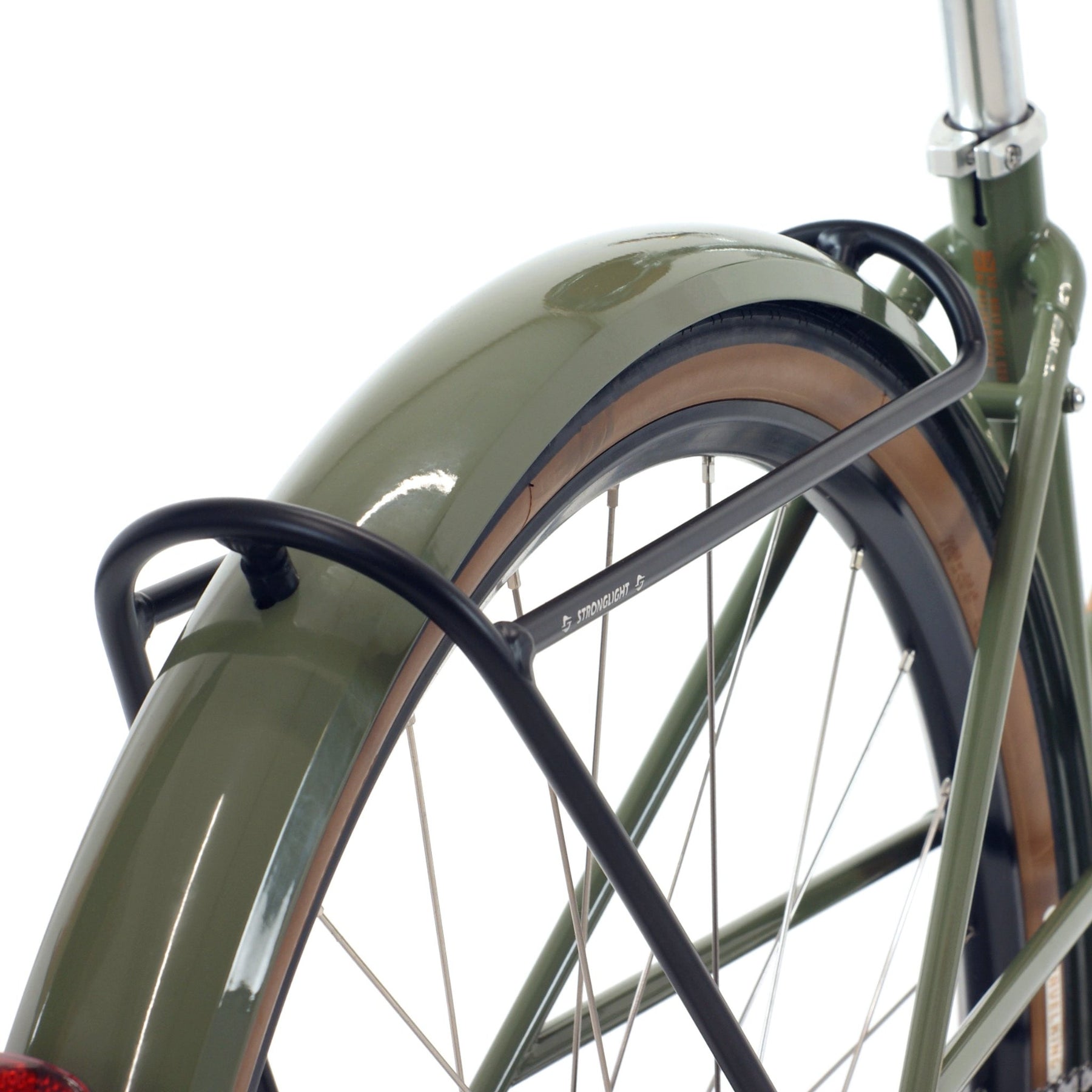 The rear rack and ash-green mudguard of a Pashley Pathfnider bicycle