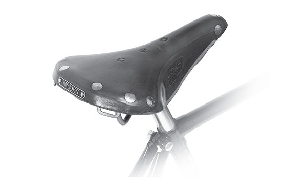 Black and white close-up of a brooks leather bike saddle.