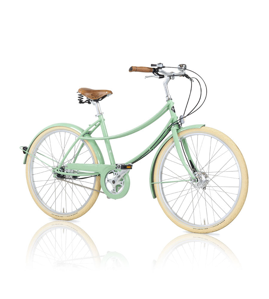 Double loop frame bicycle with peppermint coloured frame, leather saddle and cork grips.