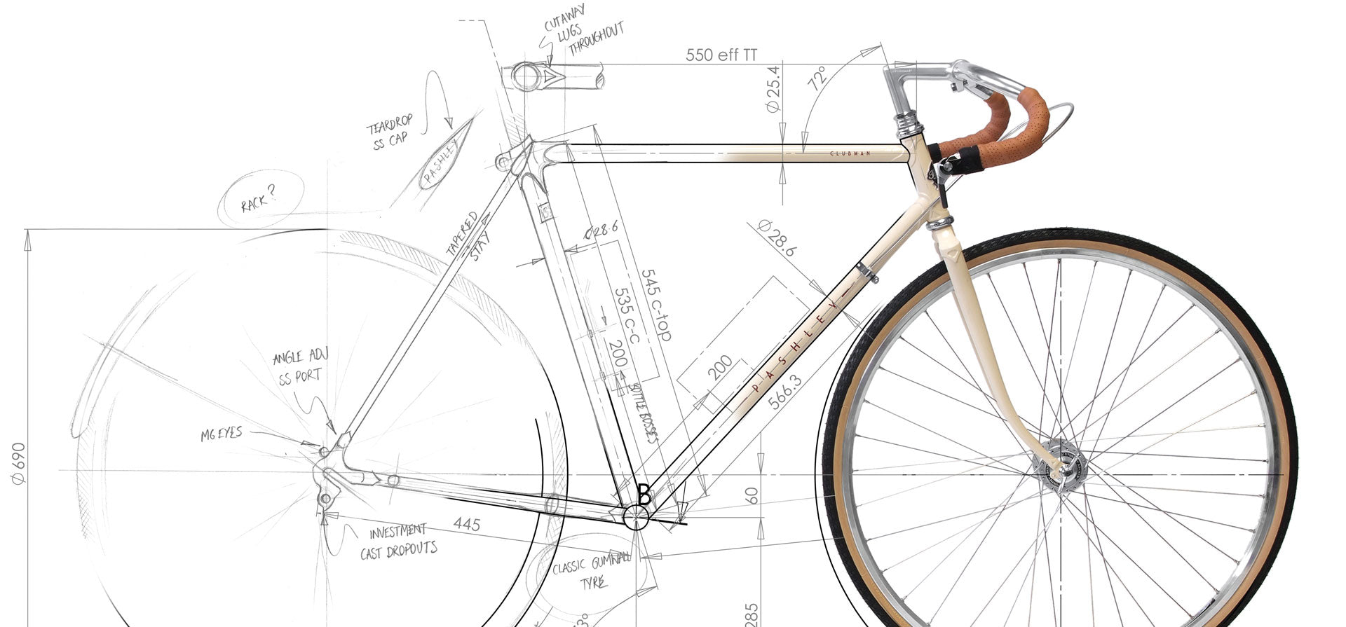 Part sketch dimensional drawing, part photo of the Pashley Clubman bicycle.