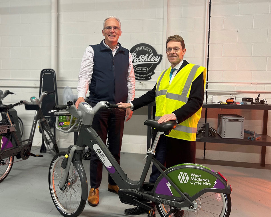 Pashley Cycle's MD, Adrian Williams, standing next to West Midlands Mayor, Andy Street, in the Pashley Cycle Factory.