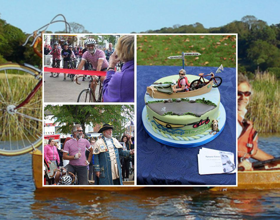 Alistair Cope at the finish line of his epic journey where he was greeted by the major and given a cake decorated with him, his canoe and bike!