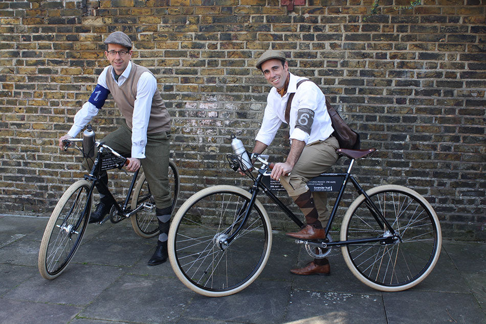Nick and Malcolm - two of the Angel Riders - dressed in vintage clothing on their Pashley Guv'nors - ready to ride in the London Tweed Run.
