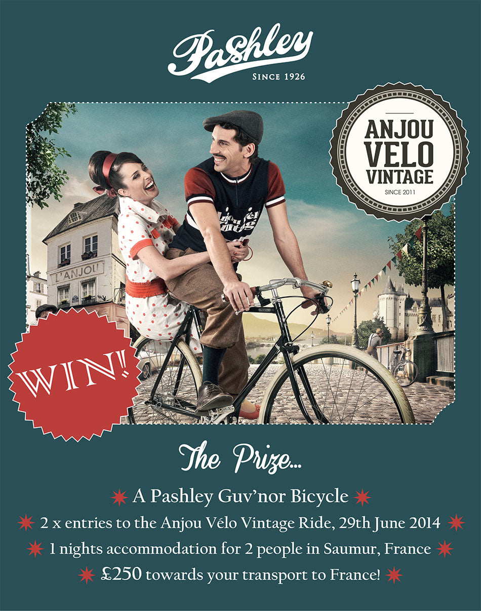 A poster, for Anjou Velo Vintage 2014, featuring the Pashley Guv'nor bicycle with a gentlemen riding it with a young lady - in a red polka dot dress sat - on the back.