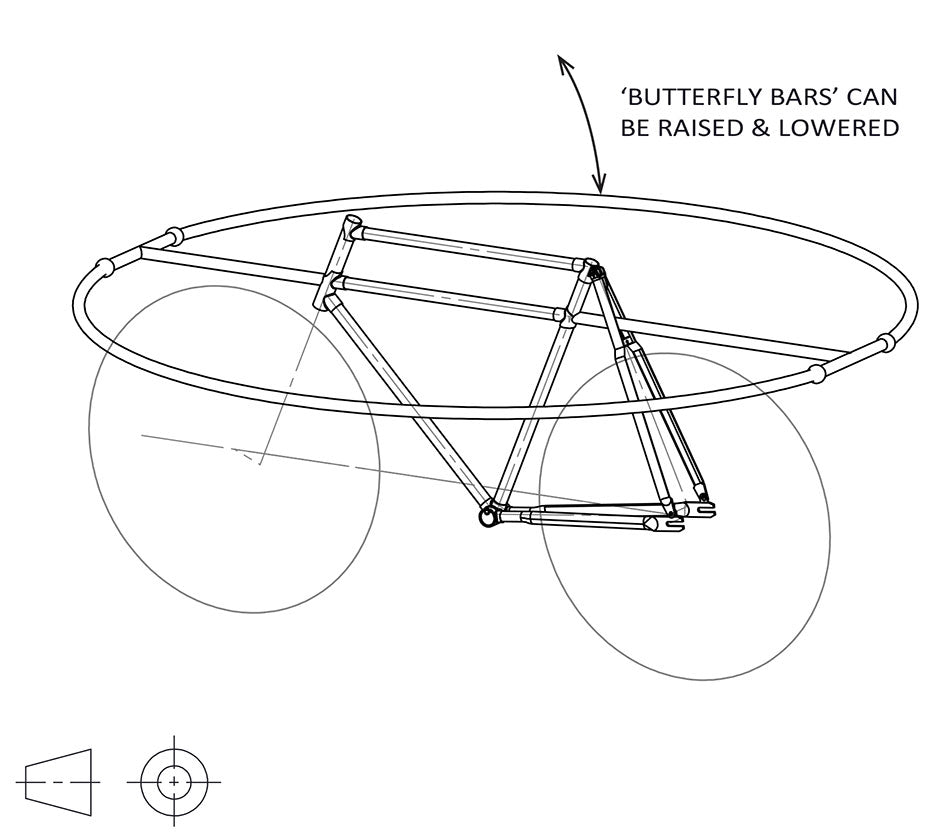 Design drawing of an April Fools social distancing bike prototype.