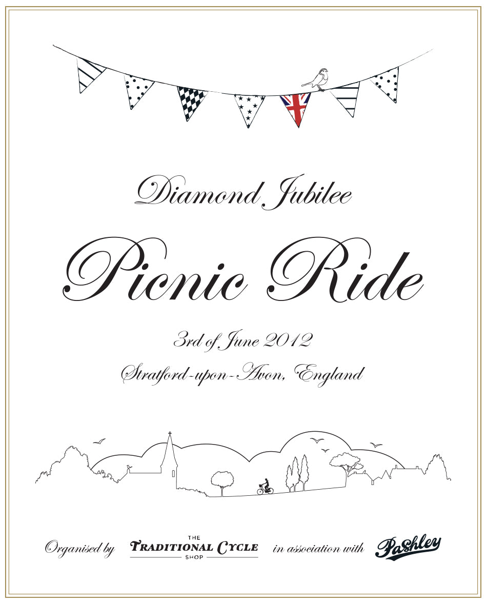 Pashley Picnic Ride 2012 poster with bunting and countryside illustration.