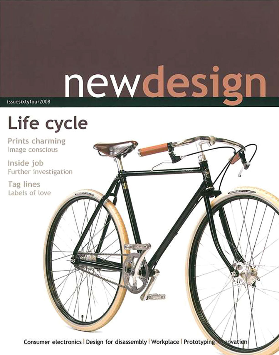 The front cover of the New Design magazine featuring a large image of the Pashley Guv'nor bicycle.