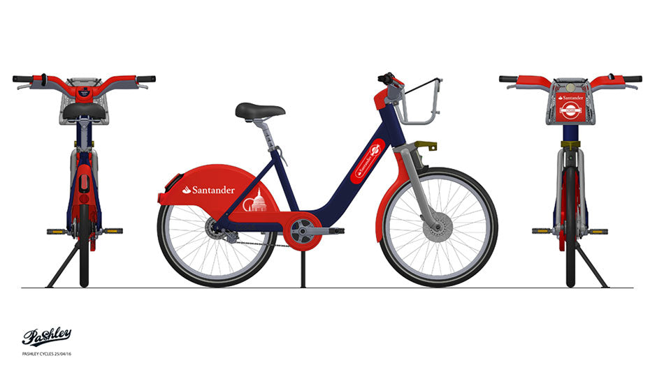 First 3d renderings of the new Santander bike share bicycle for London in red and blue.