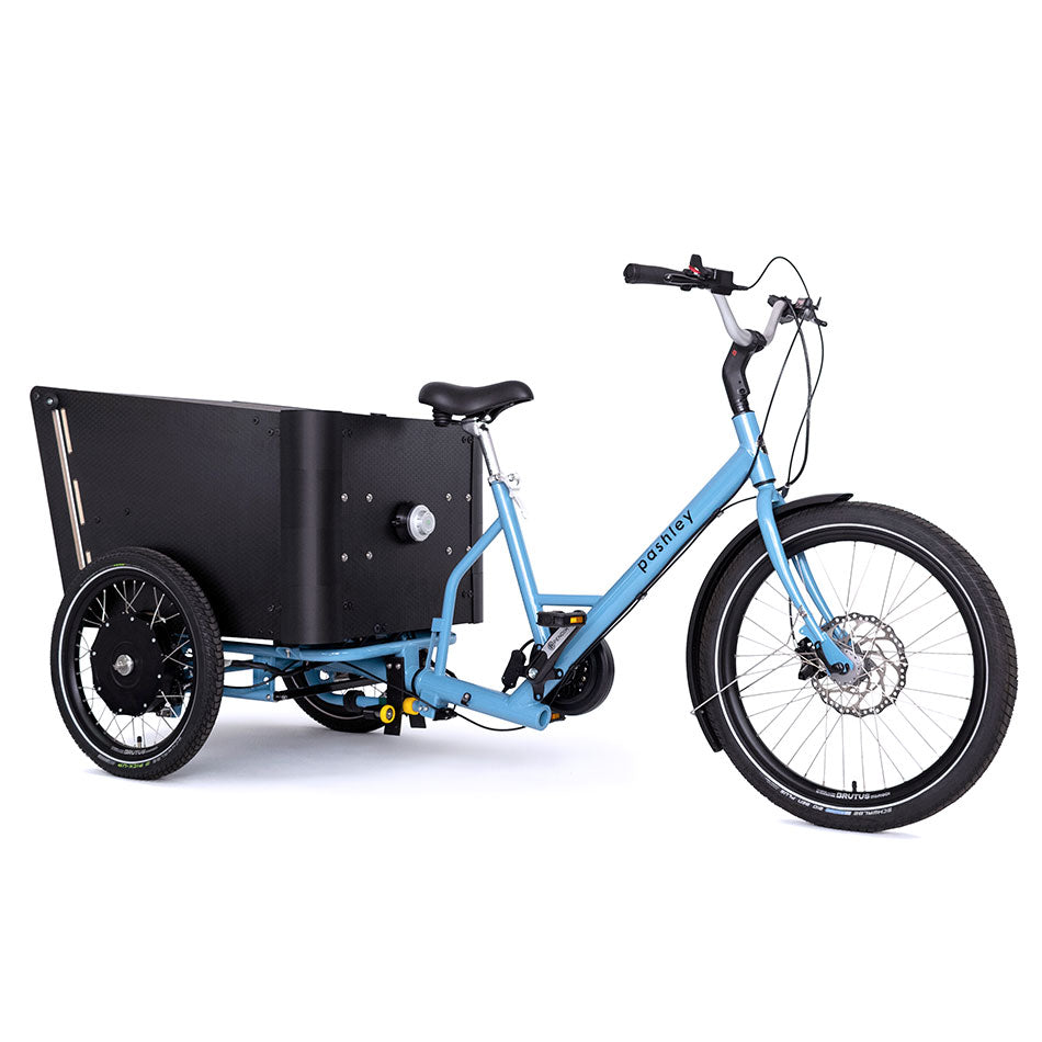 Electric, chainless, cargo trike with large rear black box for carrying cargo or children.