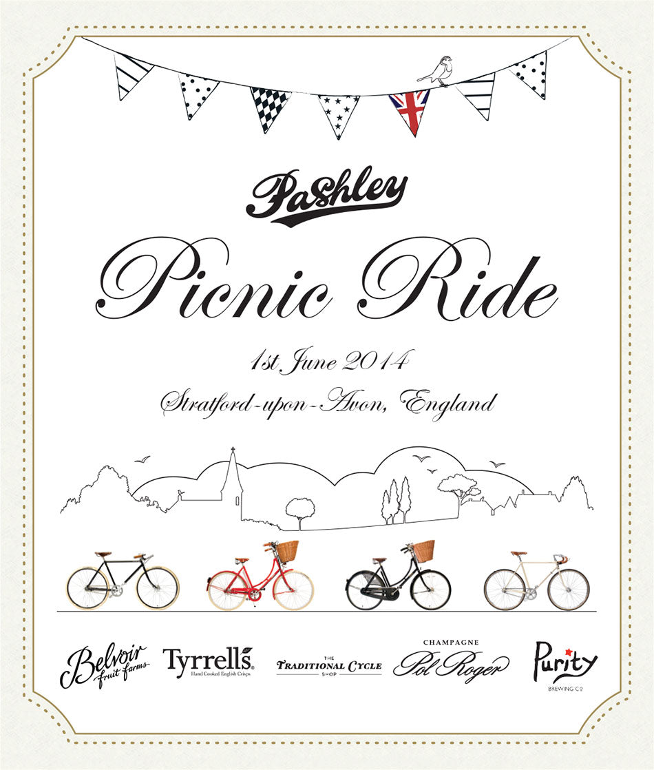 Poster for the 2014 Pashley Picnic Ride, with bikes and bunting.