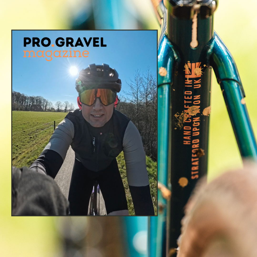 Image of James Ion cycling, next to a close-up of a bike frame showing 'Hand-crafted in Stratford-upon-Avon'