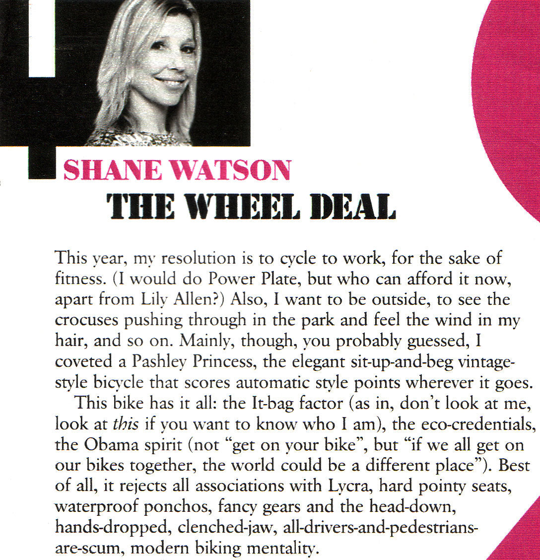 Part of Shane Watson's Sunday Times Style article - The Wheel Deal