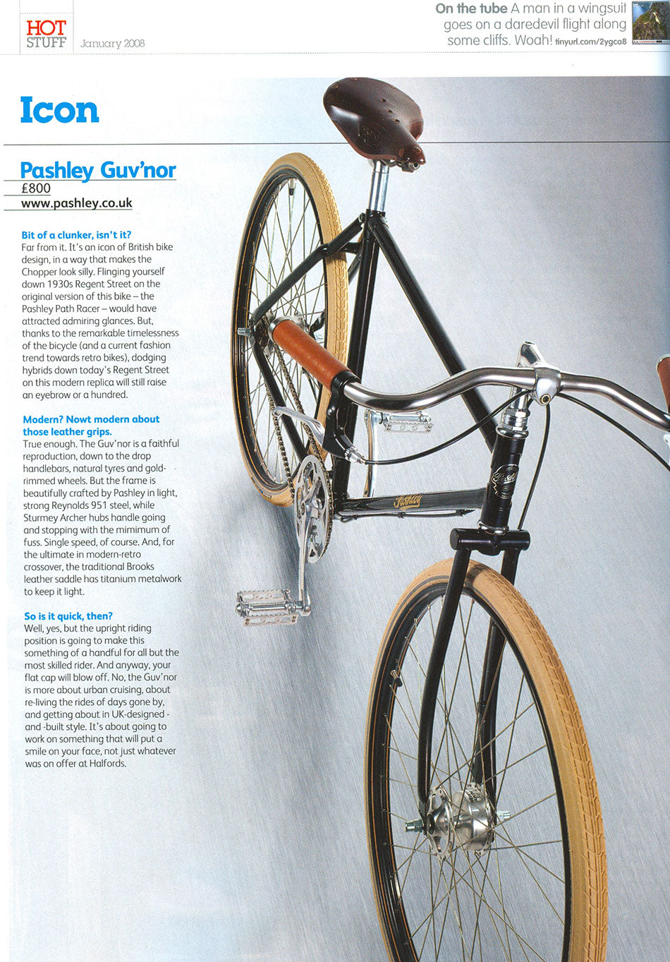 Image of a Stuff Magazine article showing photo of Pashley Guv'nor Path Racer bicycle with leather saddle