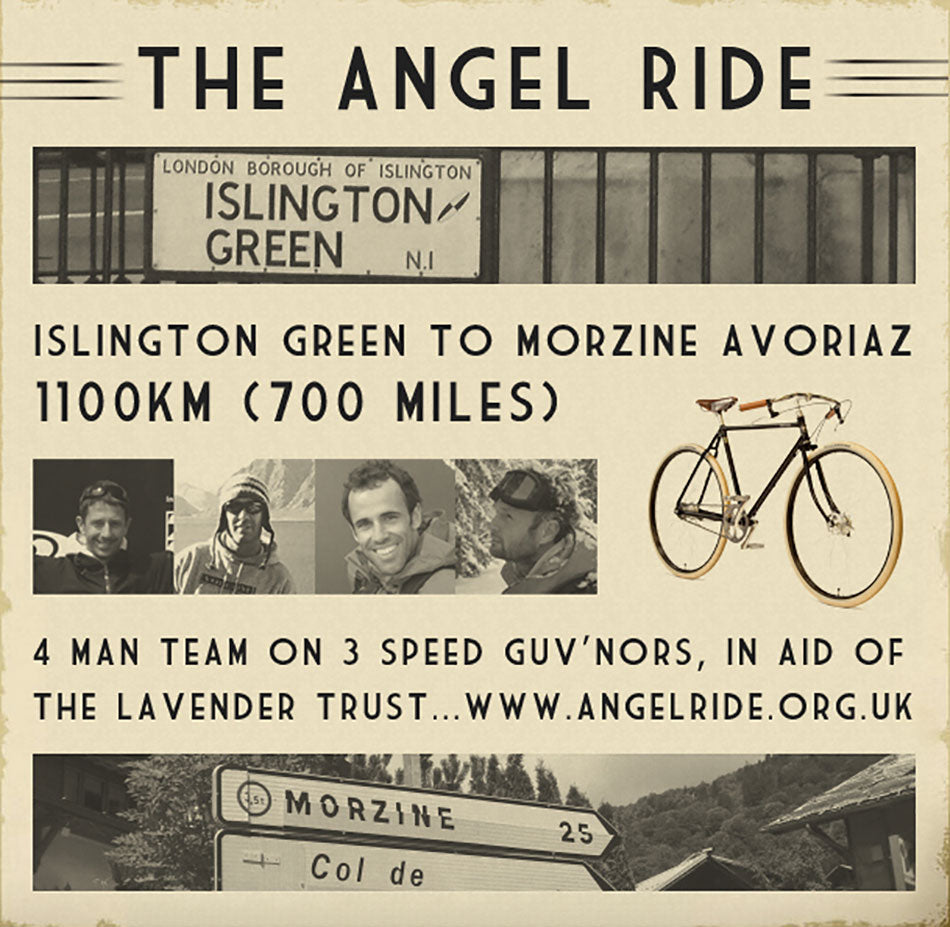 Poster advertising The Angel Ride with images of the riders and the Pashley Guv'nor.