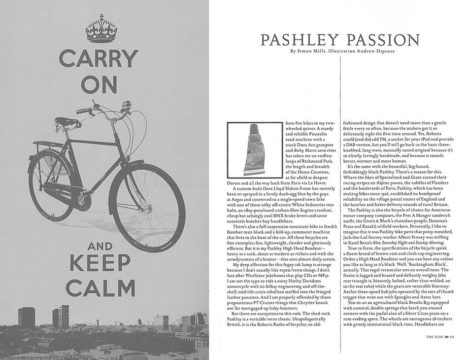 Article in The Ride magazine with a illustration of a Pashley Roadster and the saying CARRY ON and KEEP CALM.