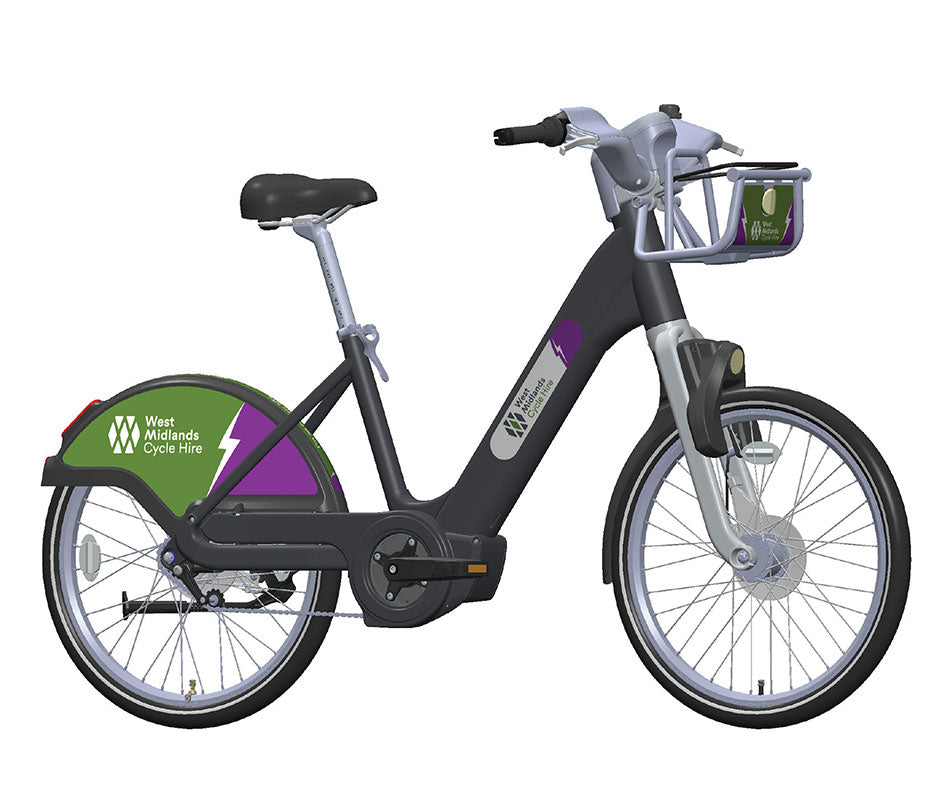 3D computer rendering of the West Midlands Cycle Hire bike, with advertising panels on the rear mudguards.