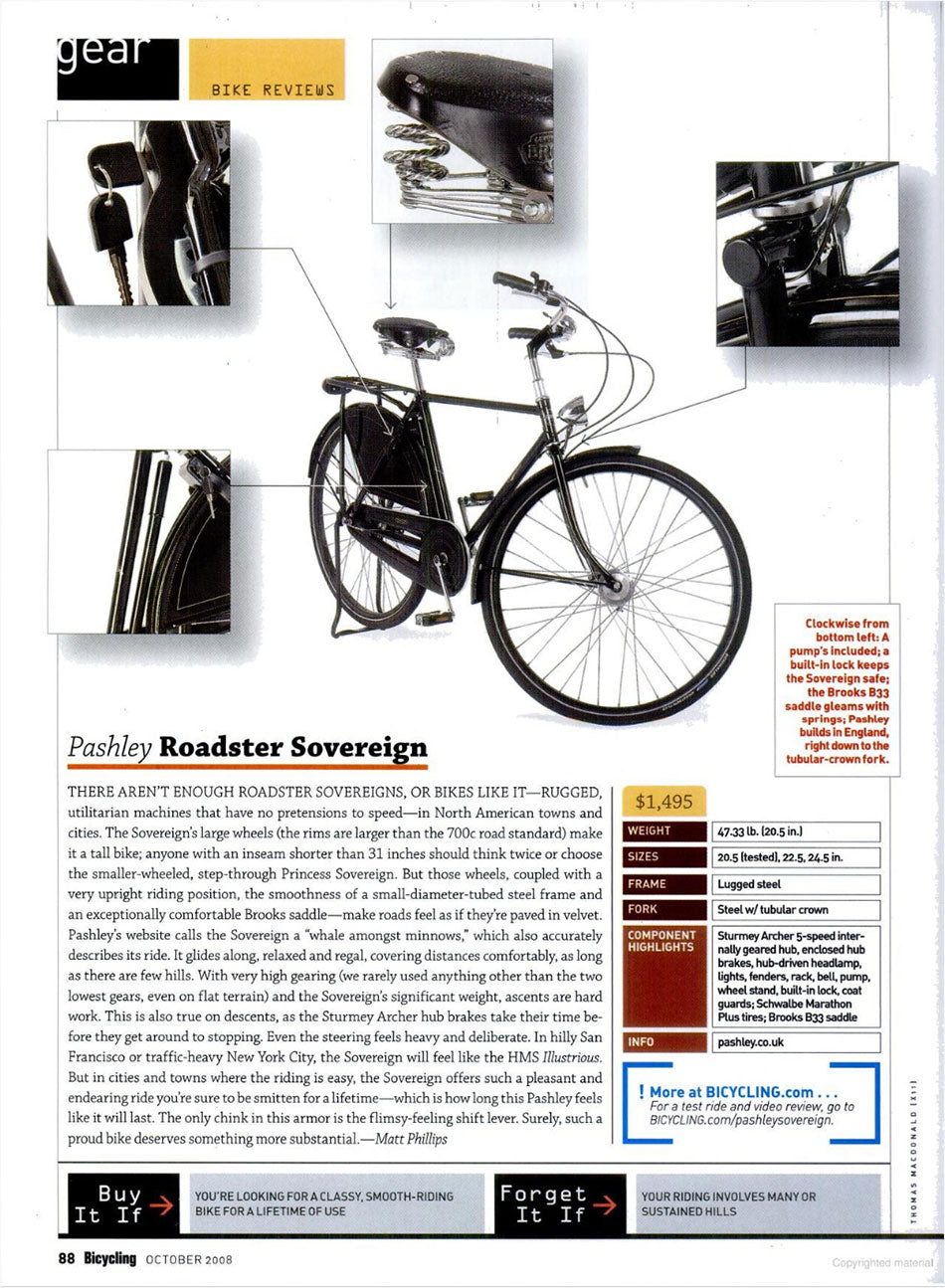 Magazine page from Bicycling magazine October 2008 edition reviewing the Pashley Roadster Sovereign.