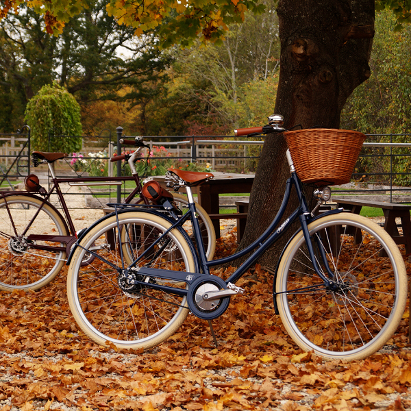Pashley's Britannia-E classic electric bicycle in blue with cream tyres, tan saddle and front wicker basket, parked amongst autumn leaves, with Pashley's burgundy Briton-E electric bicycle, with diamond frame, mudguards and cream tyres, behind