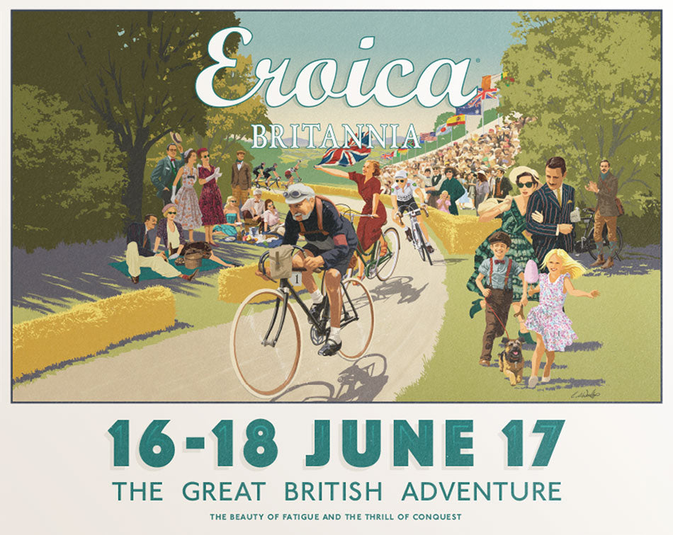 2017 Eroica Britannia vintage poster of cyclists racing around a track bordered by hale bales.