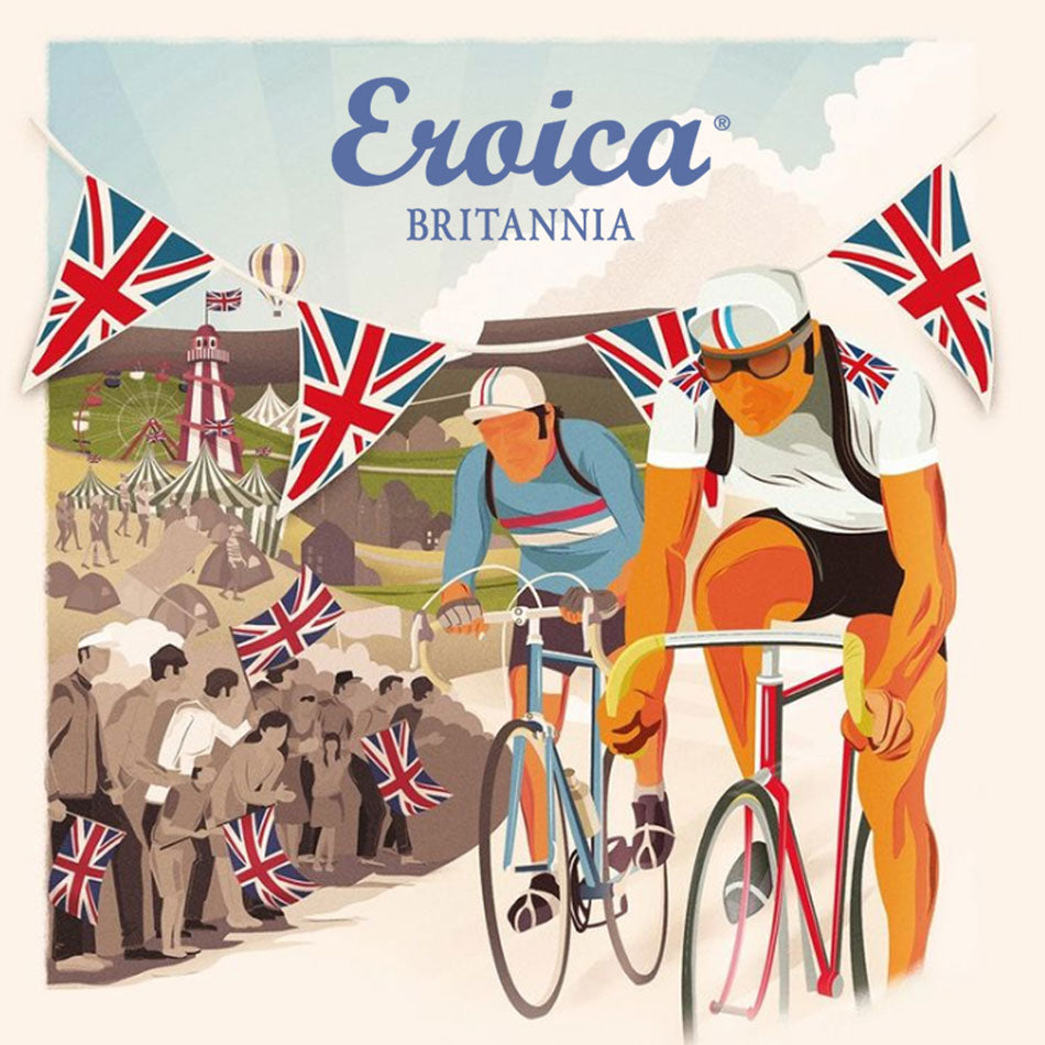 Retro poster of two cyclists on vintage racing bikes, racing beneath union jack bunting, with crowds cheering on from the road side.