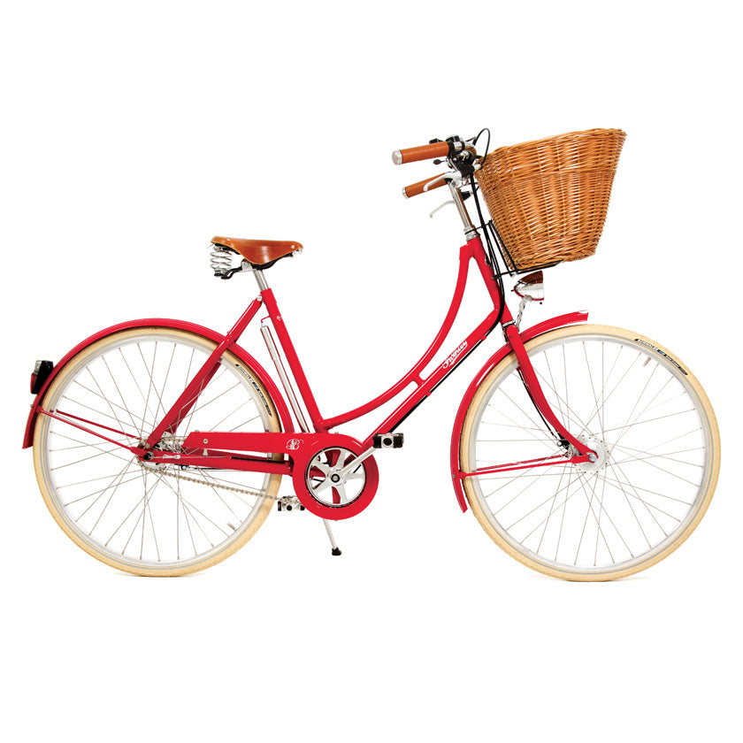 Red vintage ladies Britannia bicycle with front wicker basket.