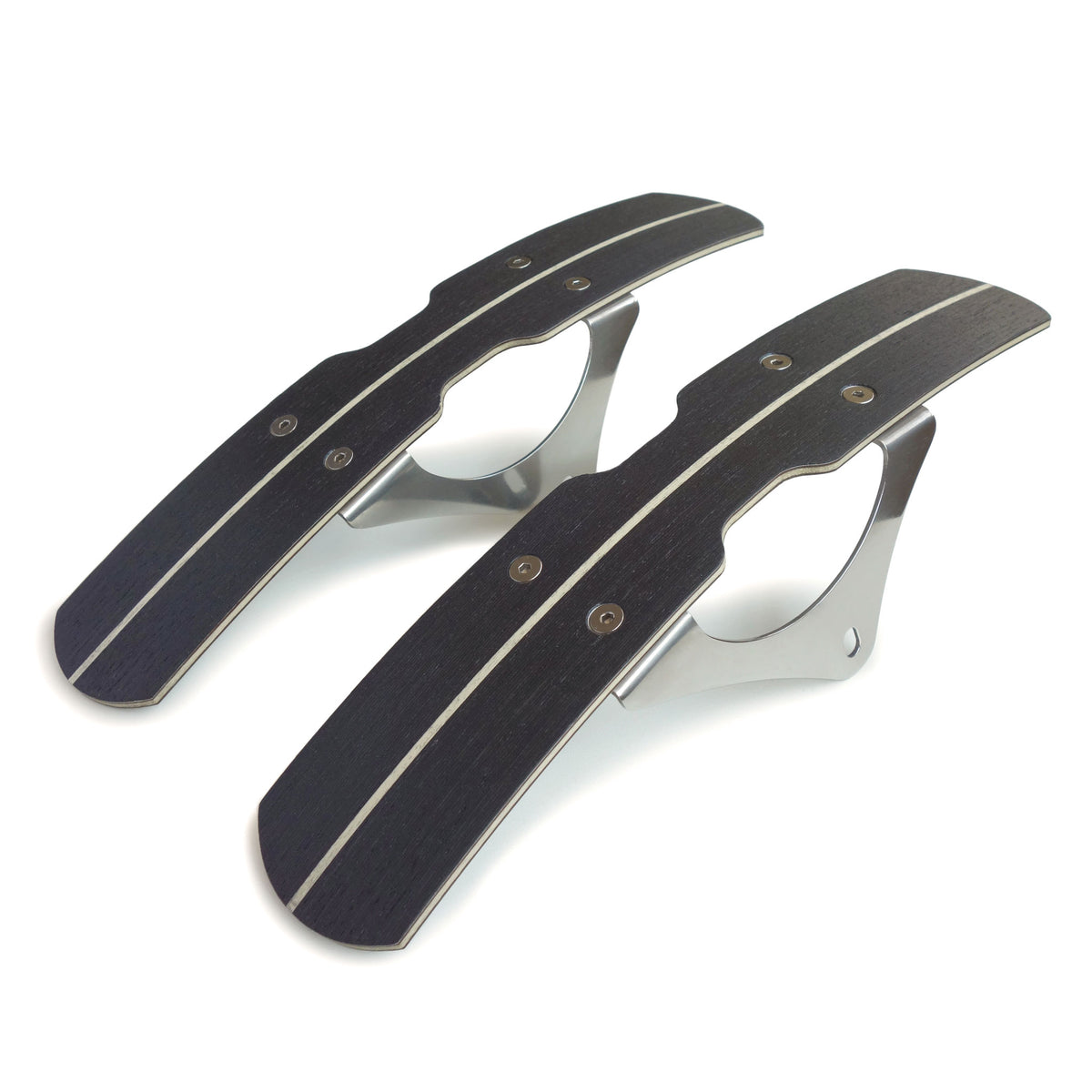 Two short black wooden bicycle mudguards with centre pin stripe and stainless brackets.