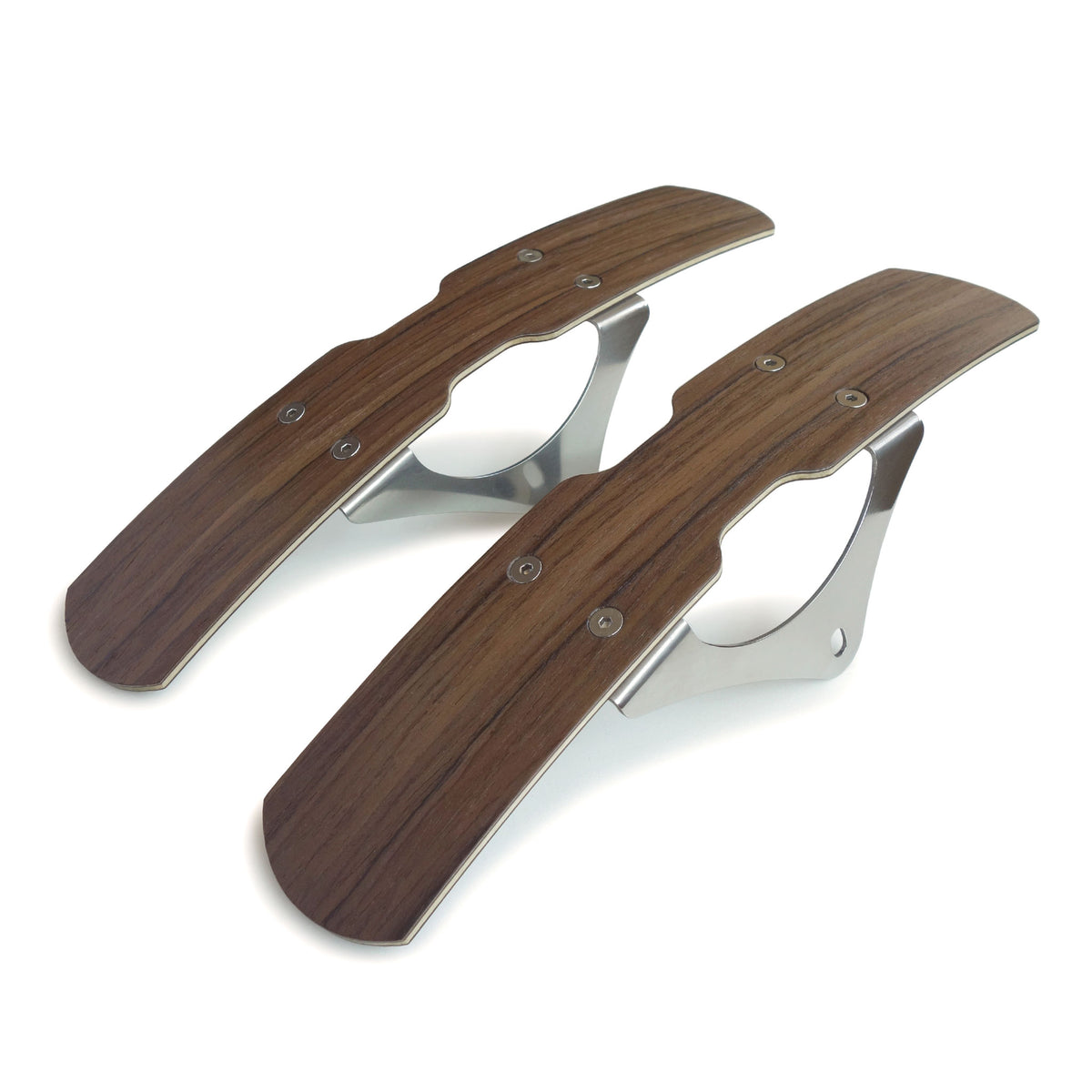 Two short walnut wooden mudguards and stainless brackets.
