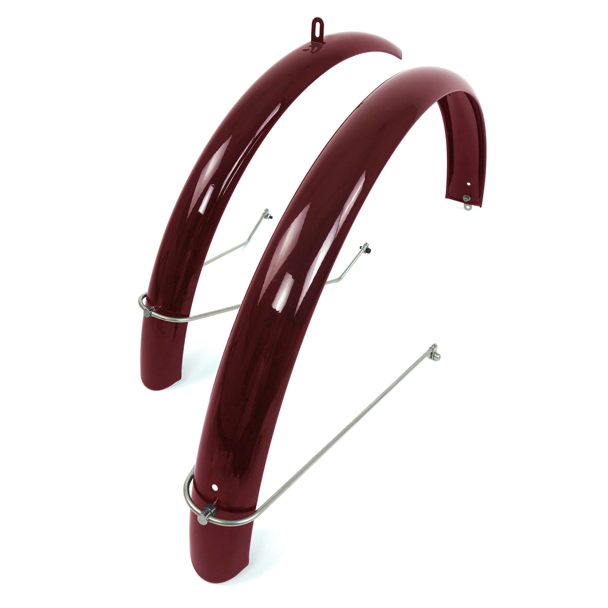 Alloy bicycel mudguard set painted in a rich burgundy. Feature s stainless steel mudguard fittings.