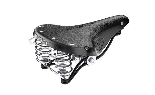 Black leather retro bicycle saddle with silver springs and hand-punched rivets