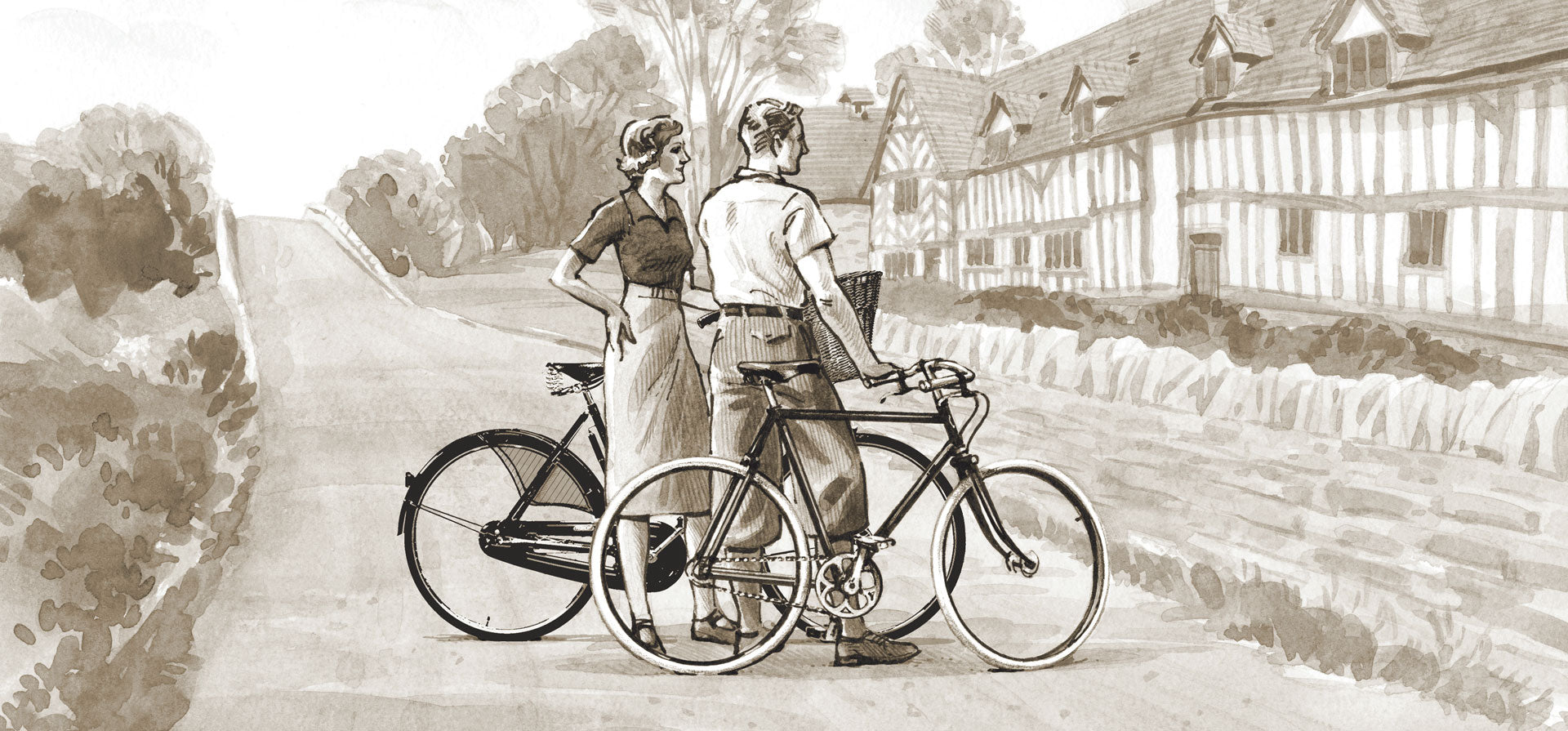 Sepia toned watercolour of a couple in 1950s with their Pashley bicycles outside Mary Arden's house in the village of Wilmcote.