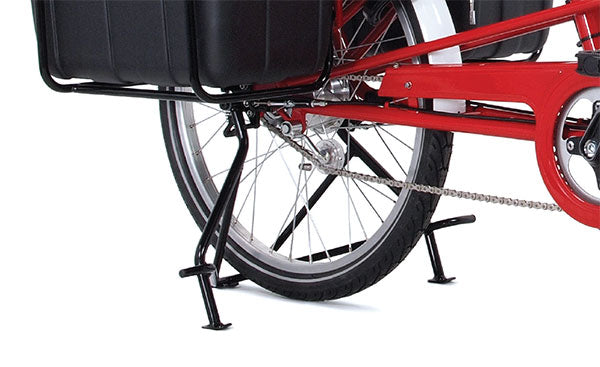 Three point rear wheel bicycle propstand stand for heavy cargo loads.