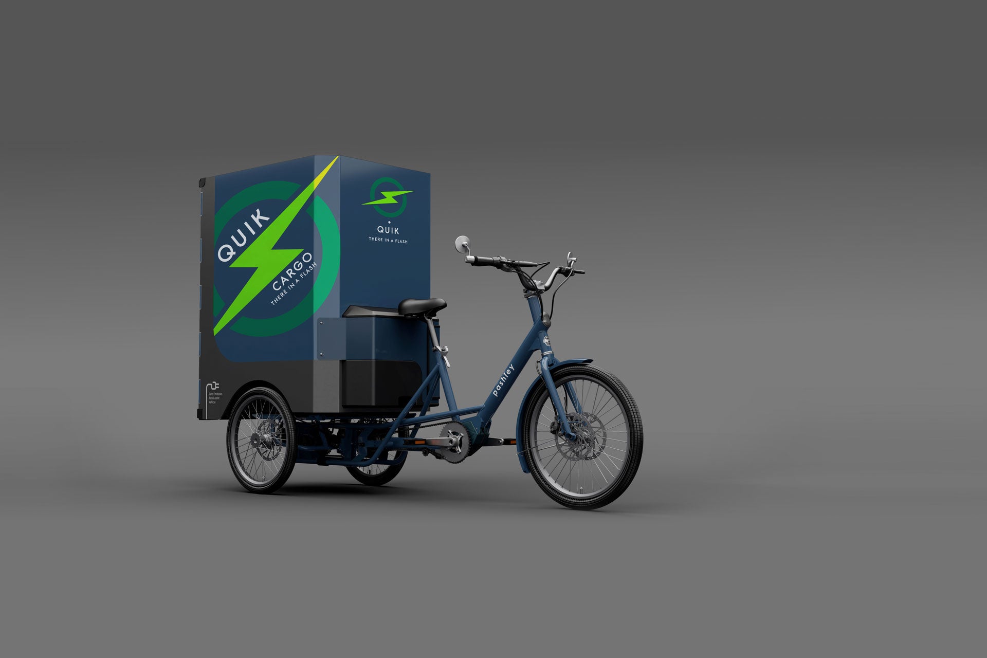 Blue and grey electric cargo trike with custom branded rear storage box.