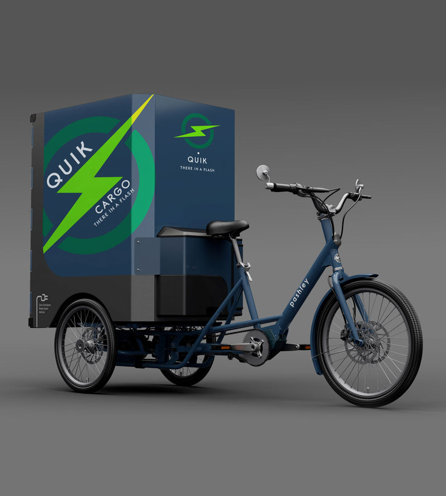 Blue and grey electric cargo trike with custom branded rear storage box.
