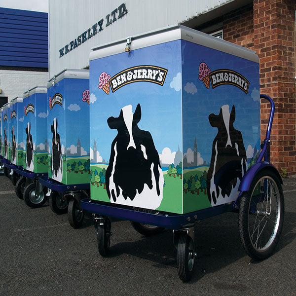 A row of Ben and Jerry's ice cream vending carts outside the Pashley Cycles factory in Stratford-upon-Avon